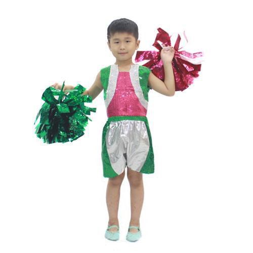A17-124.男綠銀亮片啦啦.舞台.表演服.兒童.金蔥.亮片